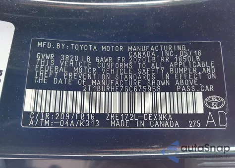 2016 Toyota Corolla Le из США, поврежденный, VIN 2T1BURHE7GC675958